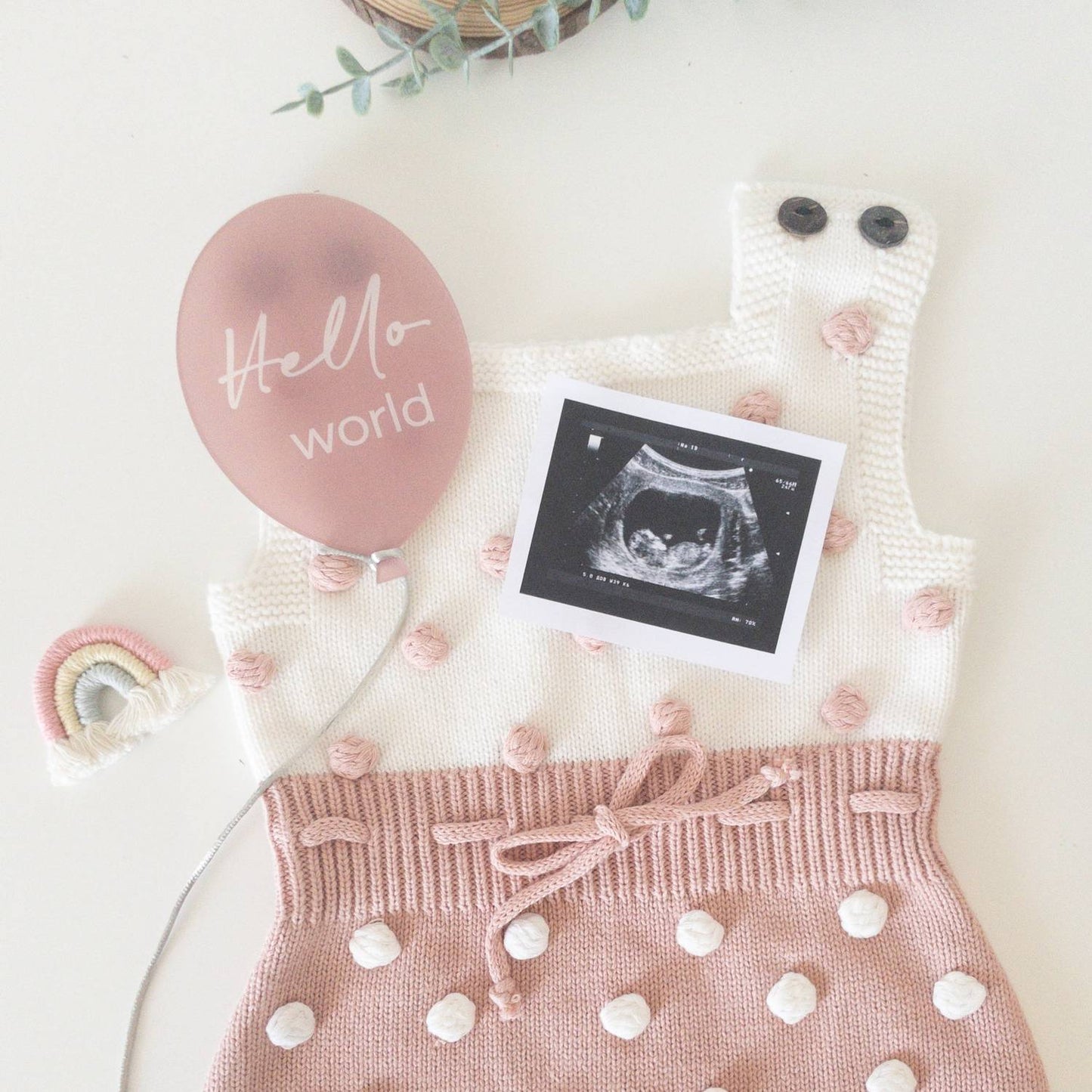 fotografia con ecografia neonato con palloncino hello world rosa e pagliaccetto neonata rosa e bianco