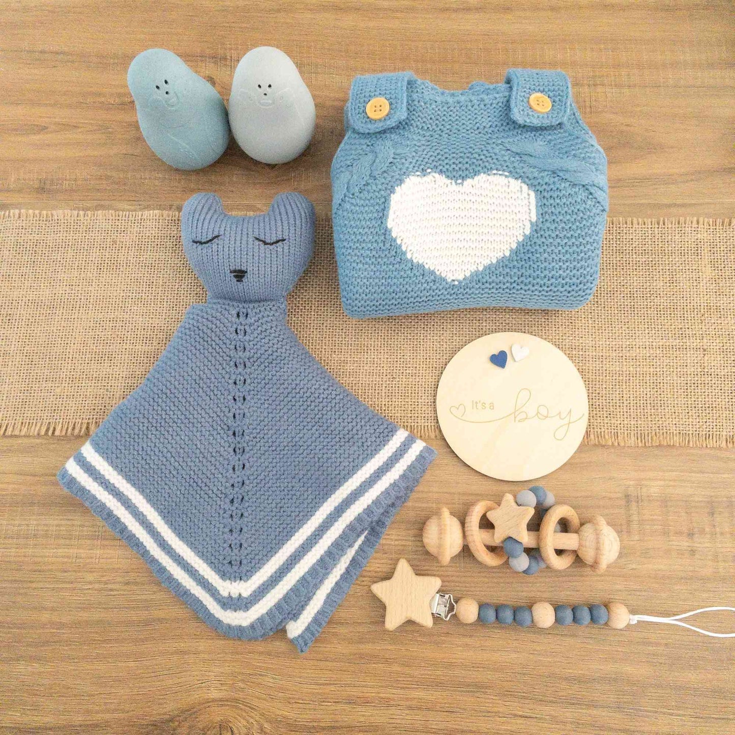 set neonato con dou dou consolatore peluche di orso blu fatto a maglia con accessori