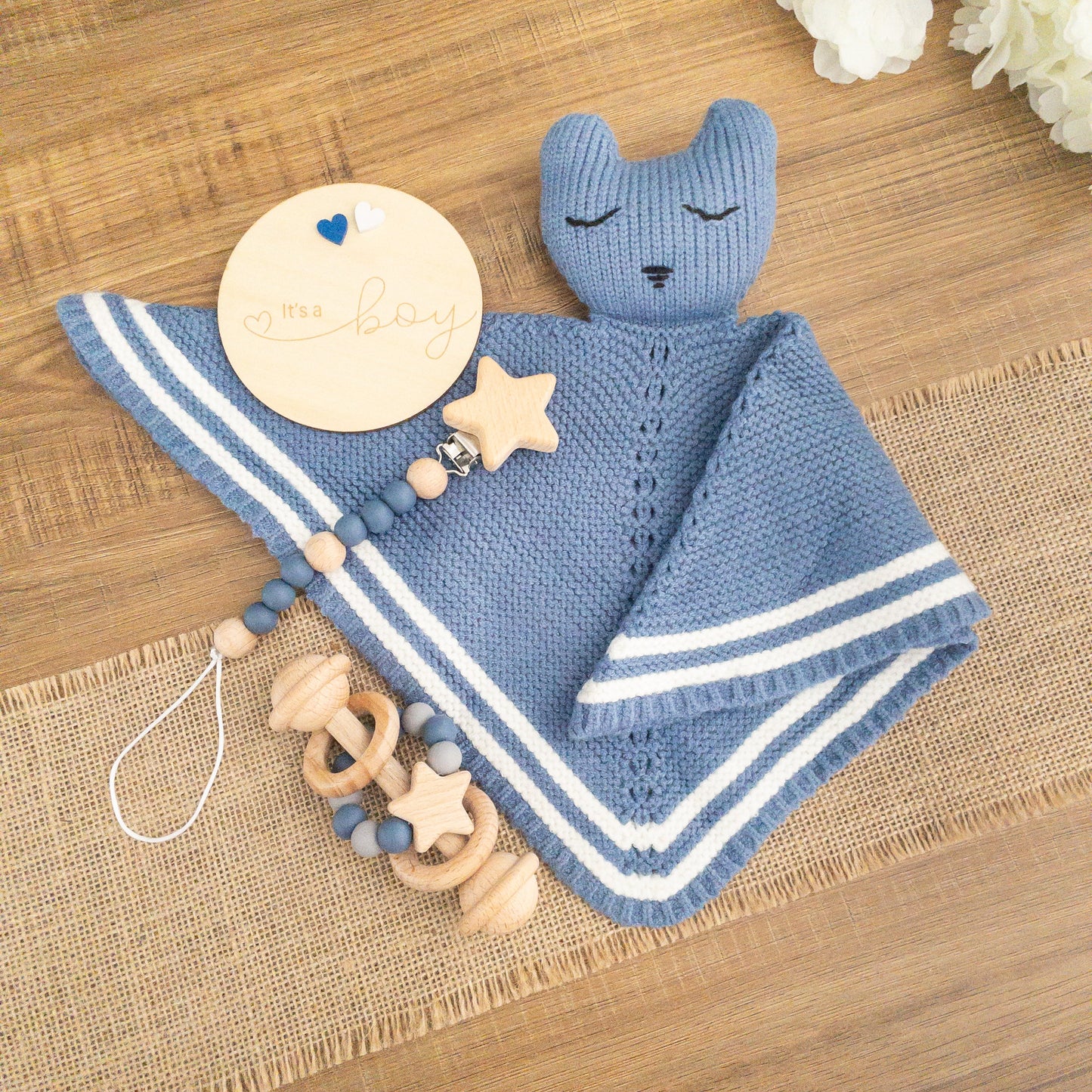 dou dou orsetto blu consolatore peluche di orso blu fatto a maglia con accessori