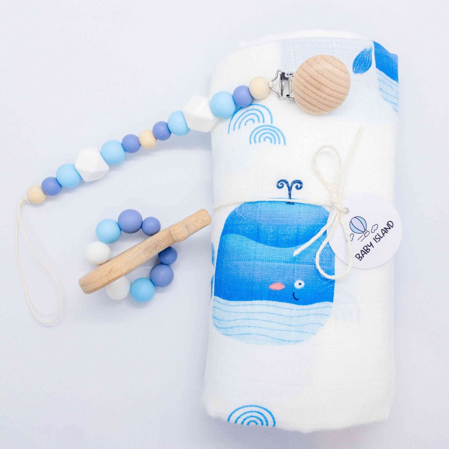 set regalo per neonato unisex a tema mare e balena con mussola cotone multiuso, catenella clip ciuccio e sonaglio massaggiagengive con balena in legno