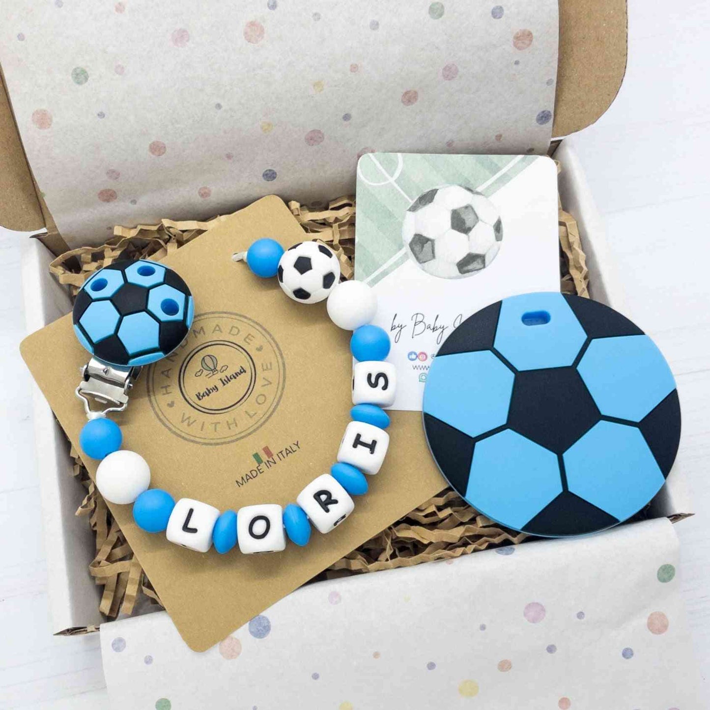 Ciuccio Napoli, Catenella portaciuccio calcio napoli bianco azzurra personalizzata con nome in silicone idea regalo a tema calcio