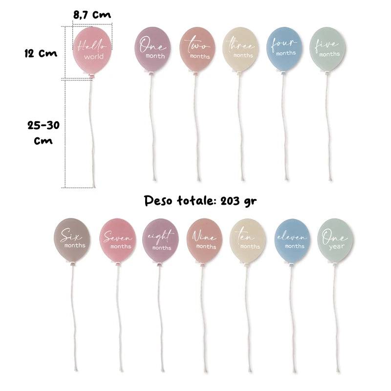 dettaglio misure e peso dei palloncini traguardi mensili neonato, altezza palloncino 12 cm e corda 25-30 cm