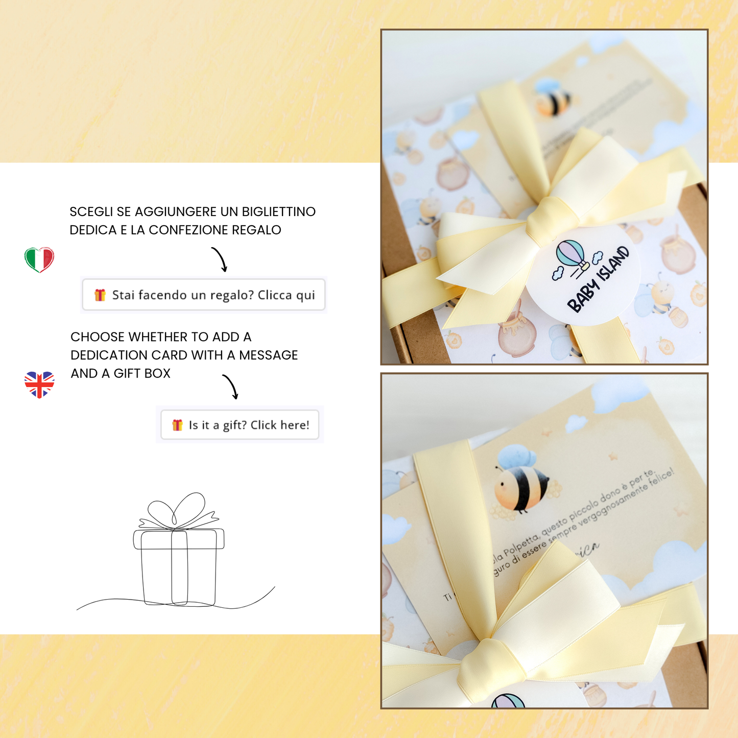 Confezione regalo set nascita baby bee con biglietto dedica e carta regalo