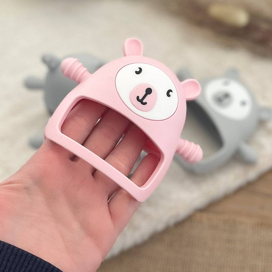 Massaggiagengive neonato a forma di orsetto rosa sensoriale in silicone alimentare senza BPA