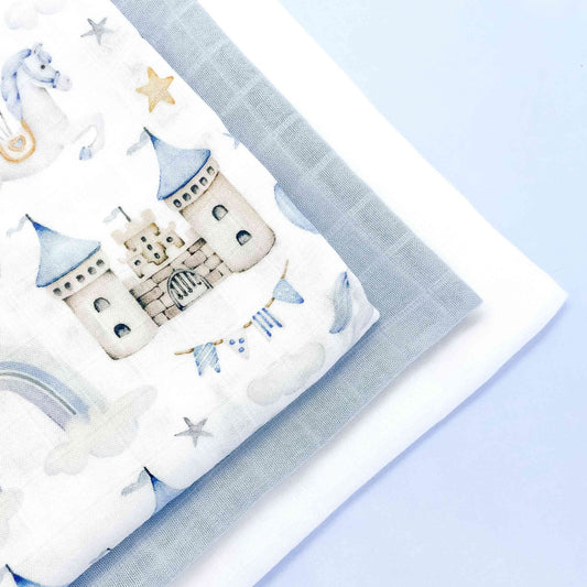 set di 3 pacchi di mussole per neonata morbide in bambù e cotone bianco azzurro castelli unicorno