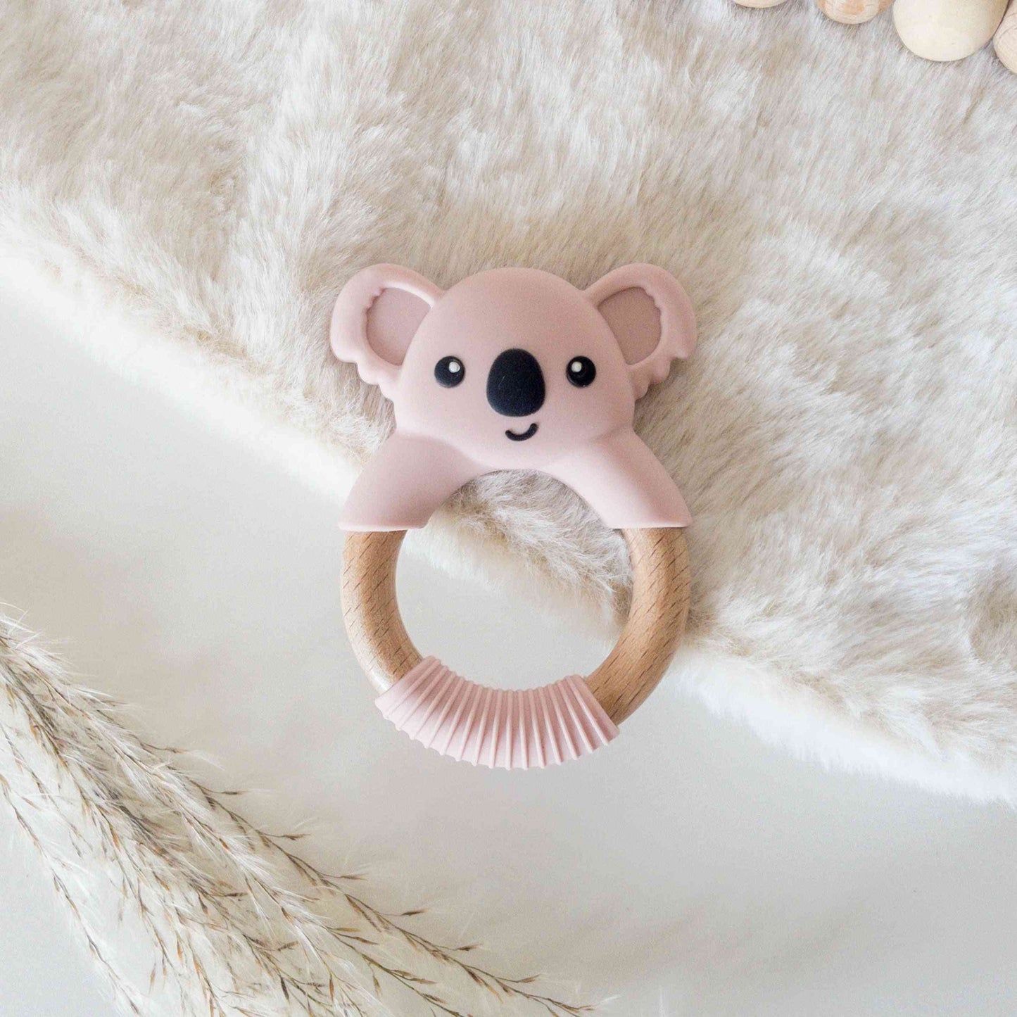 Massaggiagengive dentizione neonato koala legno e silicone alimentare rosa