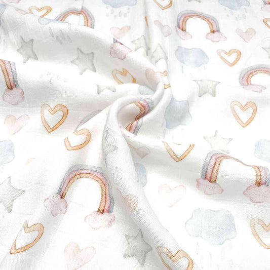 Soft baby muslin blanket, rainbows, clouds, hearts pink and light blue