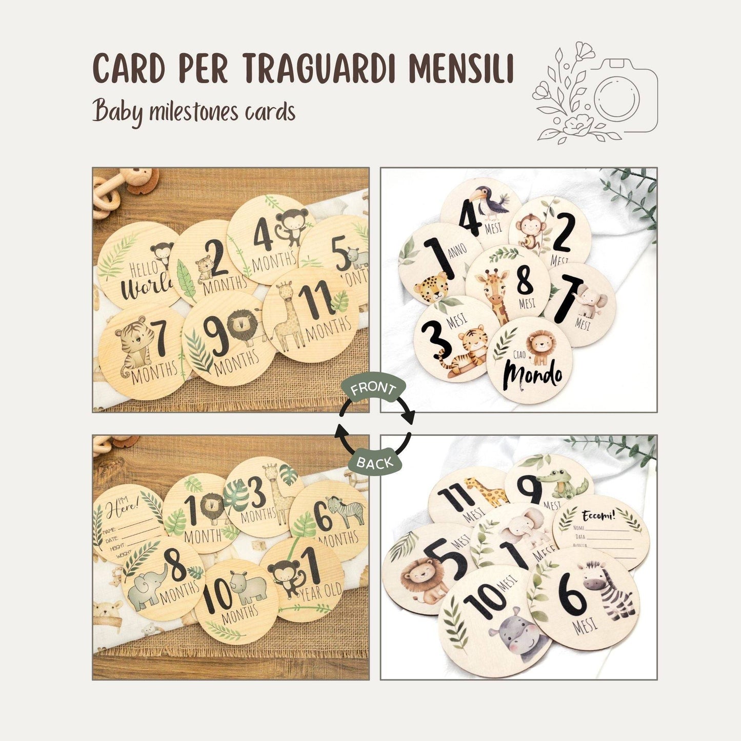 carte pietre miliari traguardi mensili neonato con animali a tema safari in legno fronte retro disponibili in italiano e in inglese, parte del set regalo safari adventuers