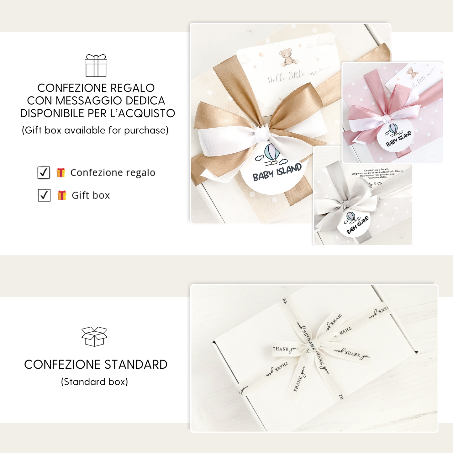 Confezione regalo con messaggio per sonaglio neonato coniglietto Baby Bunny, decorata con fiocco e biglietto Baby Island. Ideale come set regalo neonato originale.