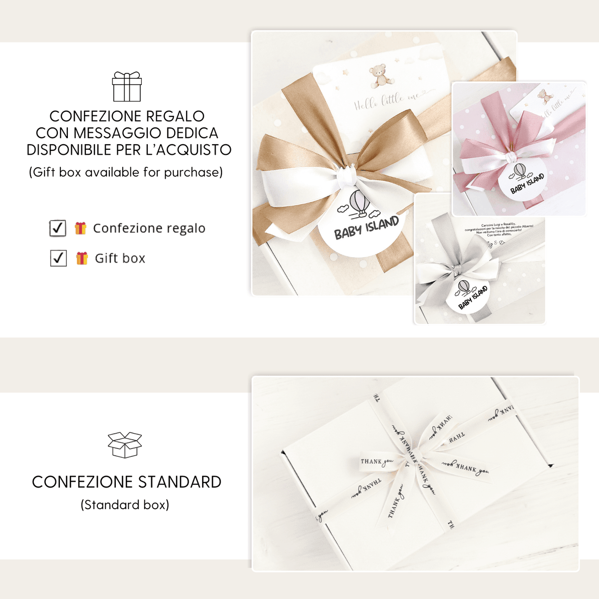 Confezione regalo con messaggio per sonaglio neonato coniglietto Baby Bunny, decorata con fiocco e biglietto Baby Island. Ideale come set regalo neonato originale.