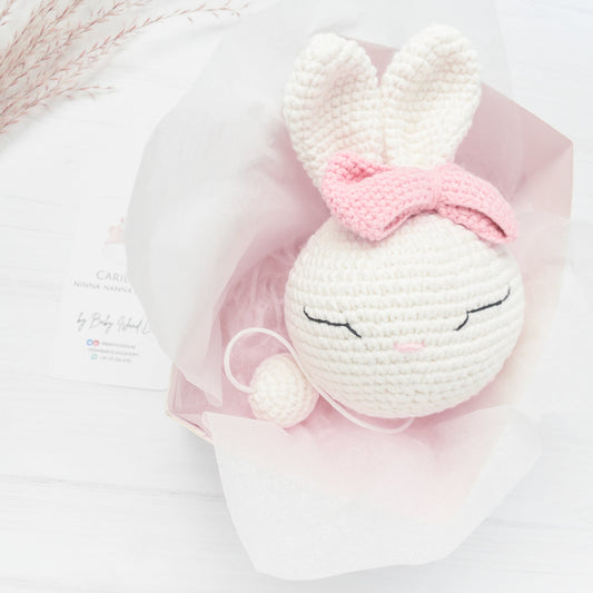 carillon neonato per cameretta lettino bambina neonata, ninna nanna di brahms, carillon fatto a mano a forma di coniglio con fiocco rosa