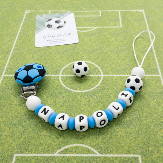 catenella ciuccio calcio neonato napoli catenina porta ciuccio calcio pallone con nome personalizzata bianco azzurra in silicone