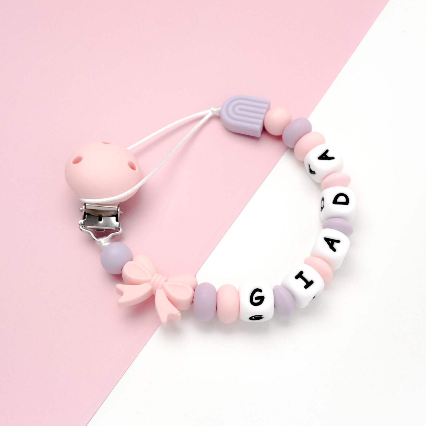 Catenina porta ciuccio con nome rosa e viola lilla con nome Giada, catenina con fiocco e arcobaleno in silicone facile da lavare