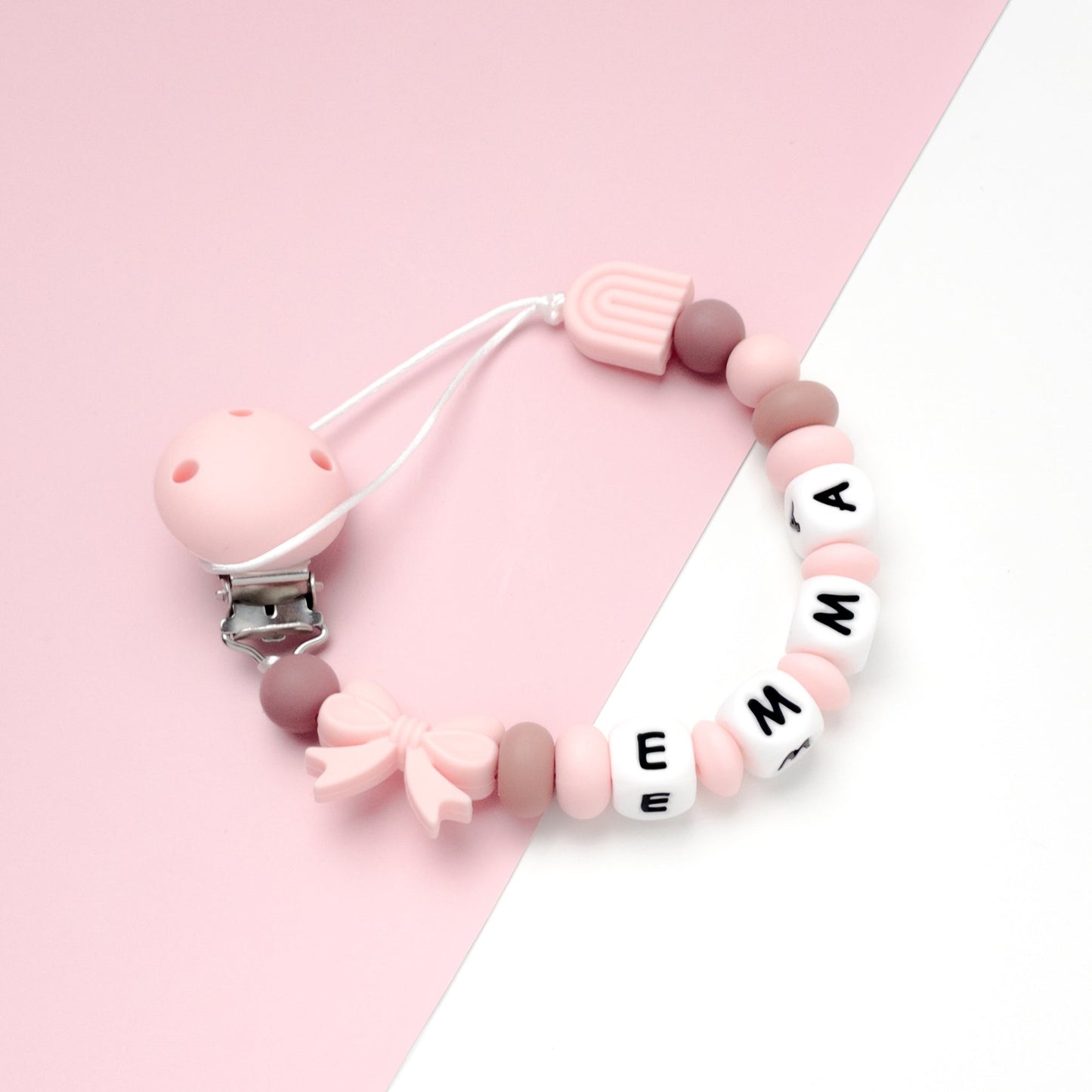 catenella ciuccio rosa neonata con nome in silicone alimentare senza BPA con fiocco e arcobaleno con clip rosa
