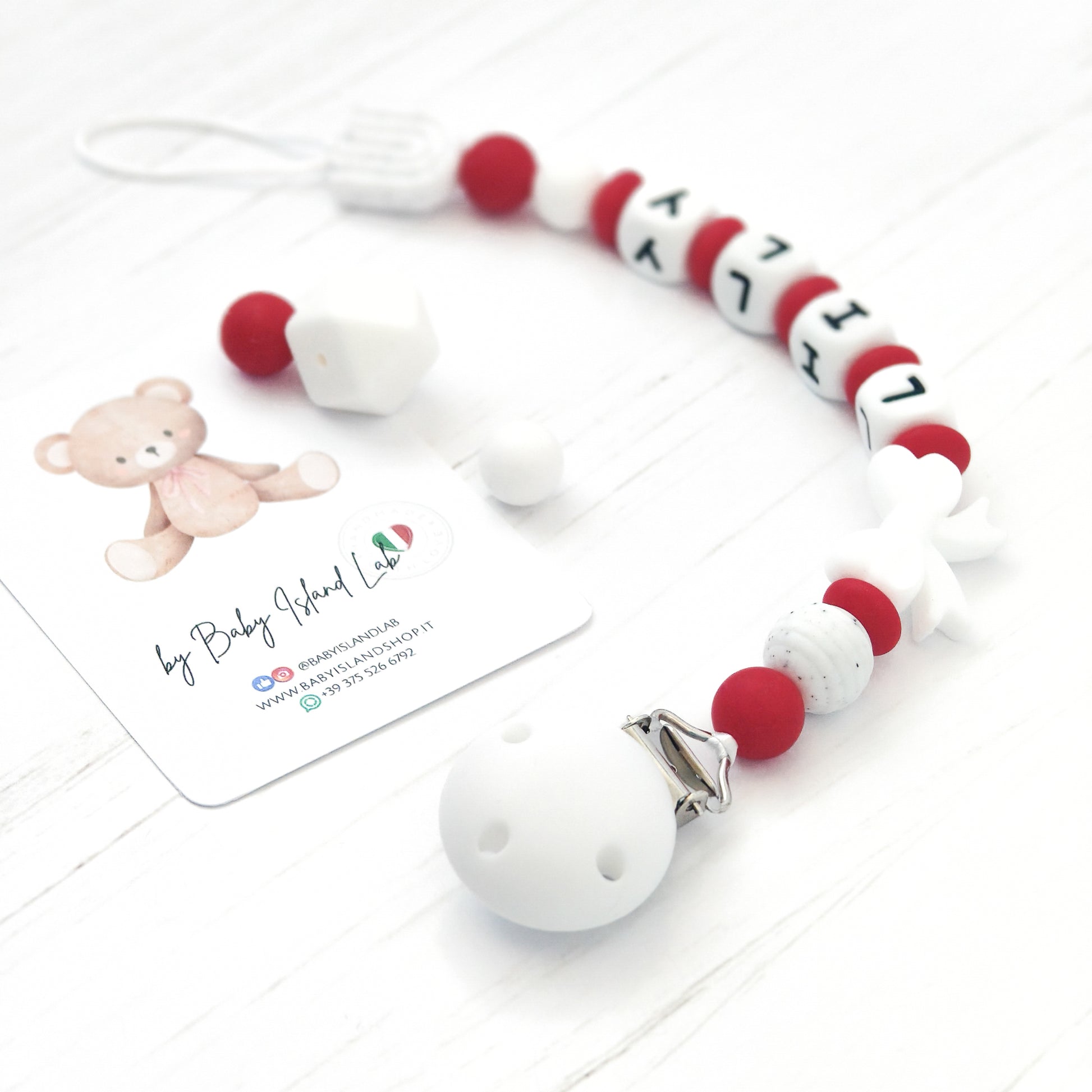 Set baby girl handmade: custodia ciuccio bianca a forma di stella, catenella con perline rosse e bianche e due headband fiocchetto