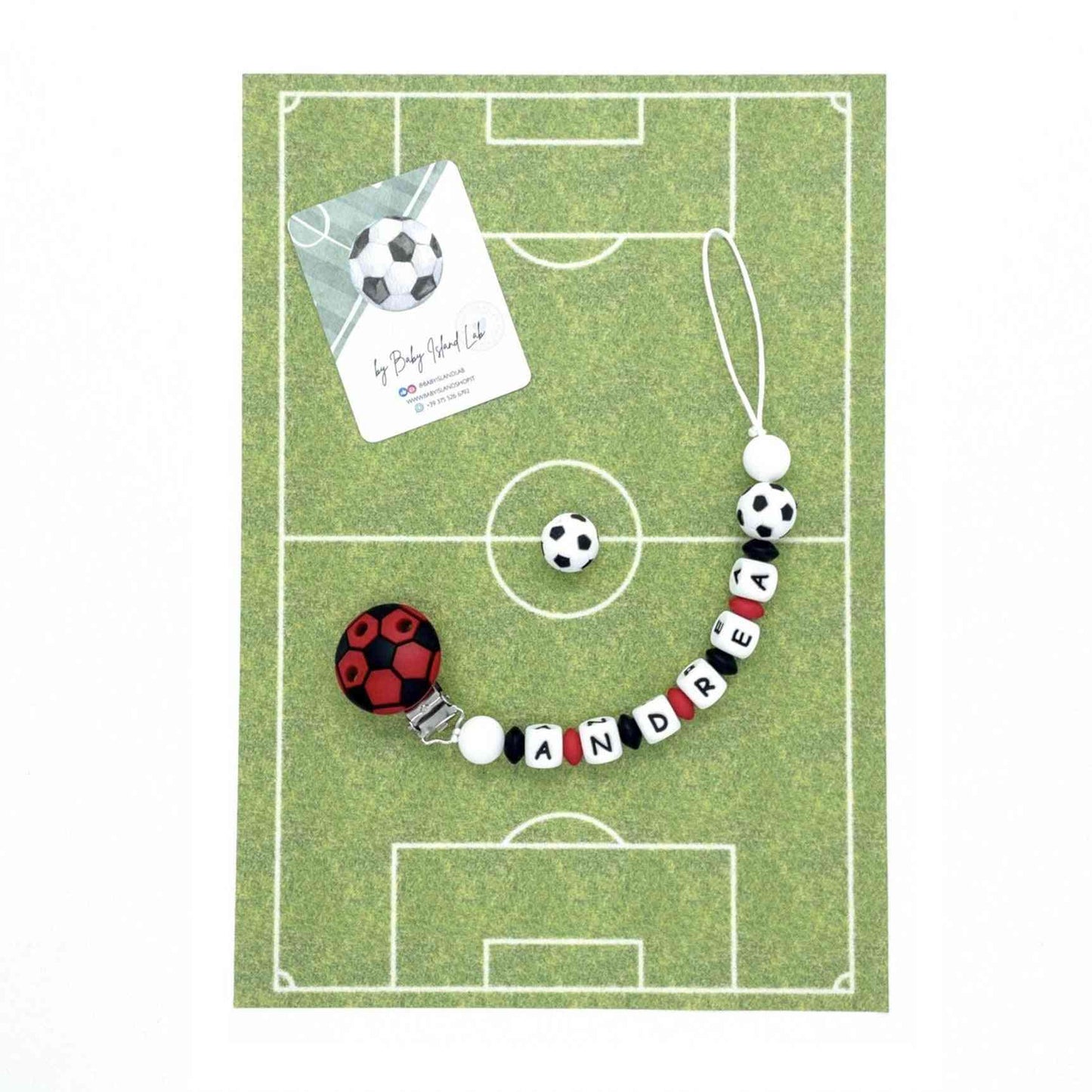 completo neonato calcio idea regalo tifoso catenina ciuccio rosso nero milan con nome in sislicone clip a forma di pallone da calcio