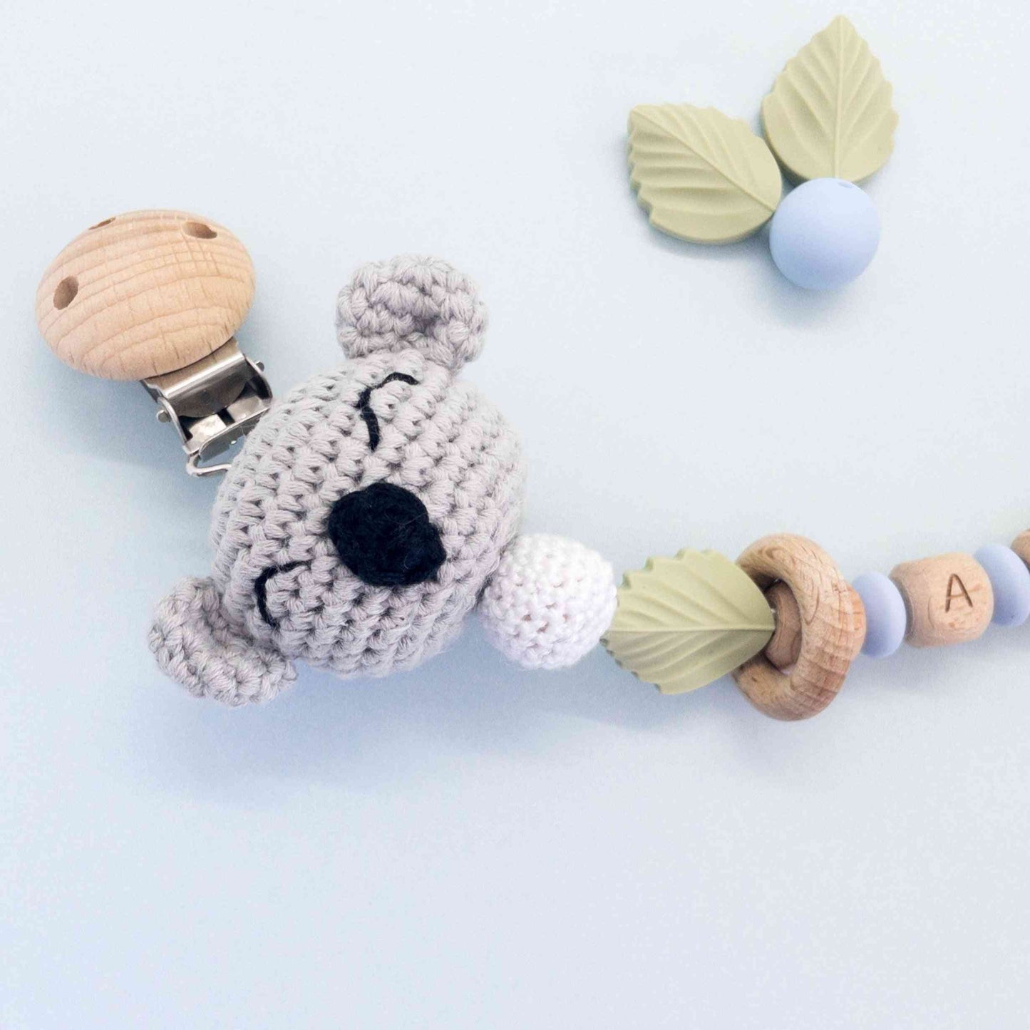 porta ciuccio koala neonato con clip in legno e nome personalizzabile