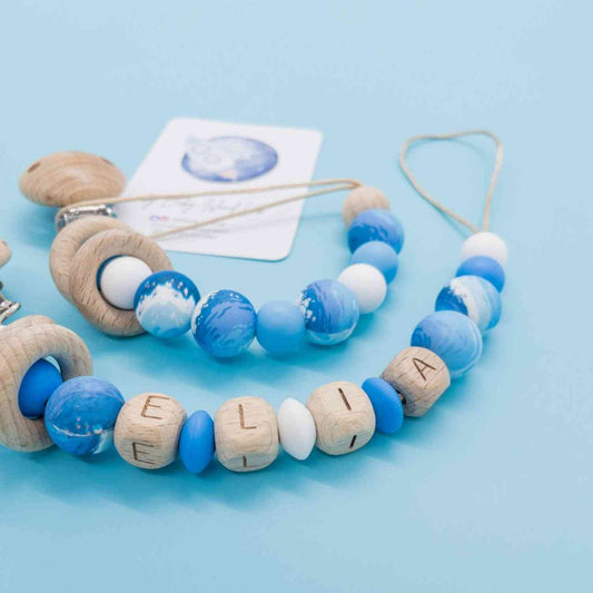 catenina ciuccio neonato maschio con nome in legno e silicone