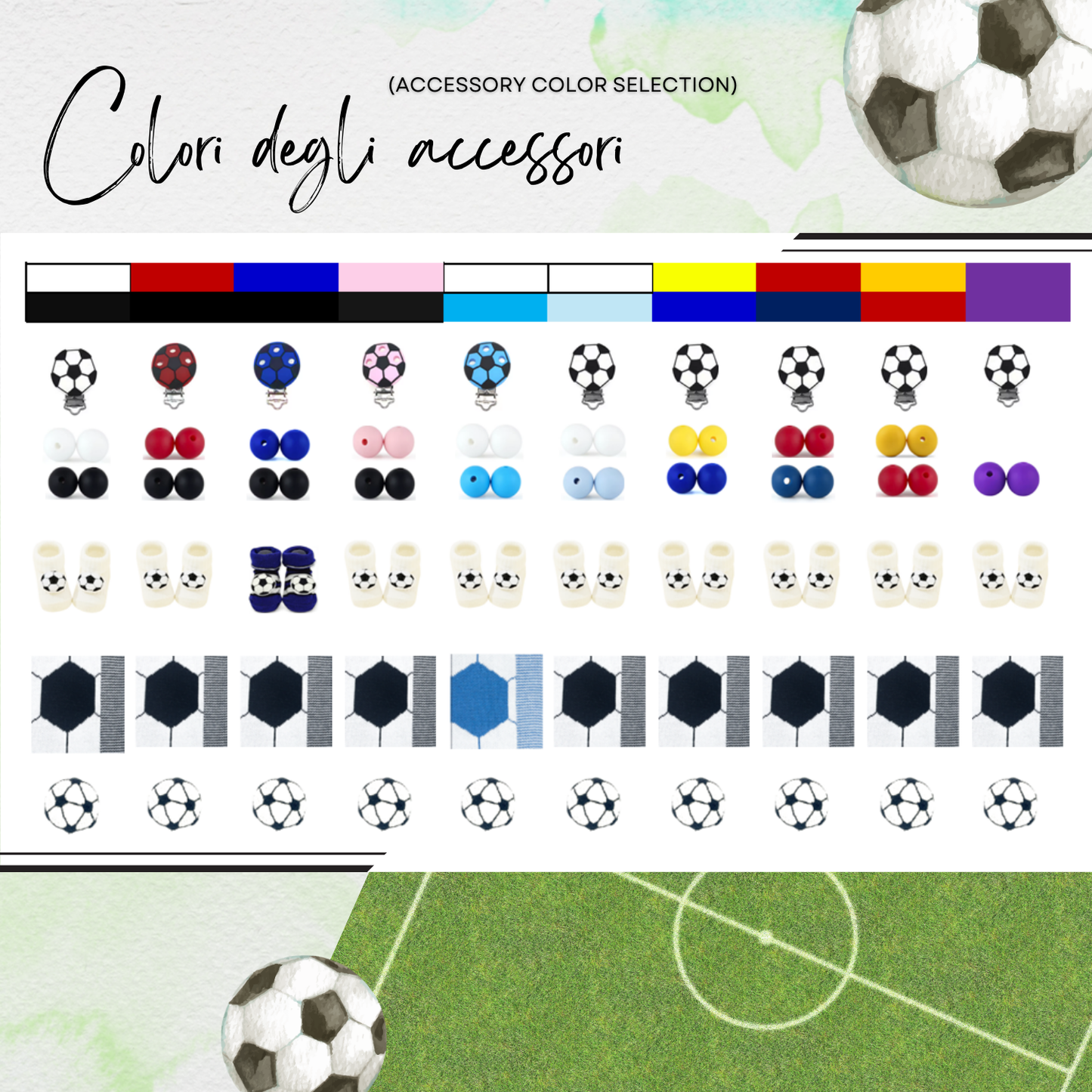 Griglia scelta colori per set neonato piccolo tifoso a tema calcio, accessori neonato calcio milan, inter, juventus, fiorentina, napoli, roma, lazio, cagliari