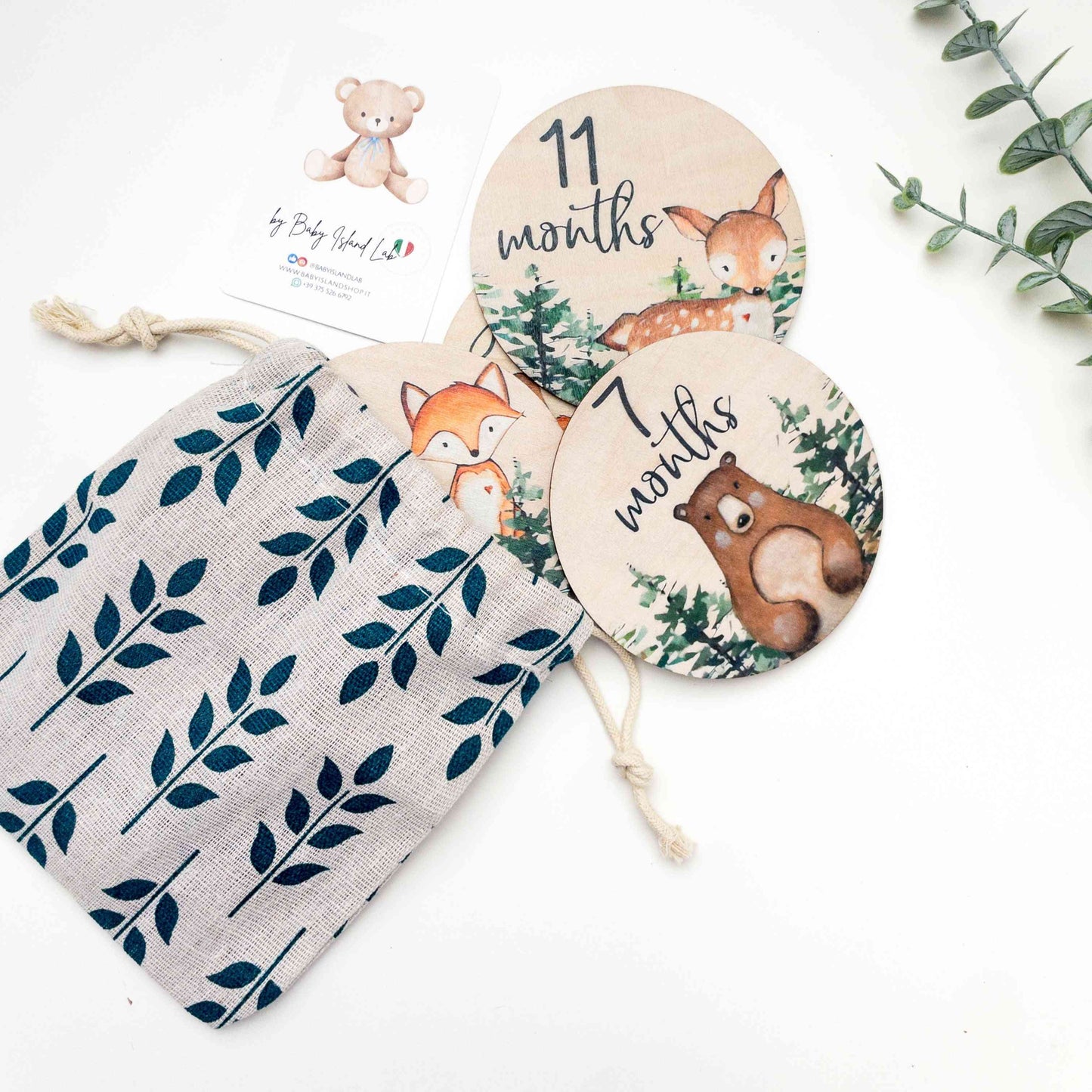 set complimese per foto ricordo neonato con animali, alberi e foglie in lingua inglese con custodia