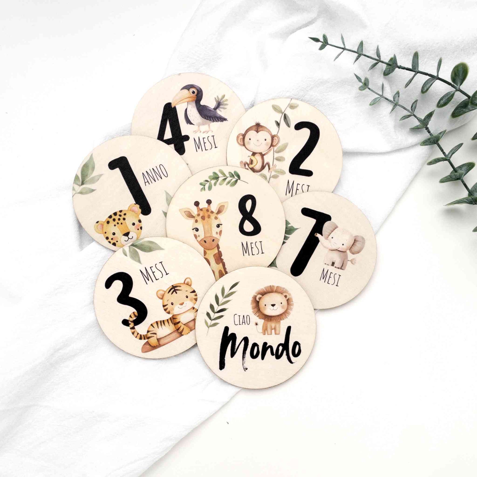 Card mensili Safari illustrate con animali come leone, tigre e giraffa, ideali per fotografia complimese neonato Baby Island.