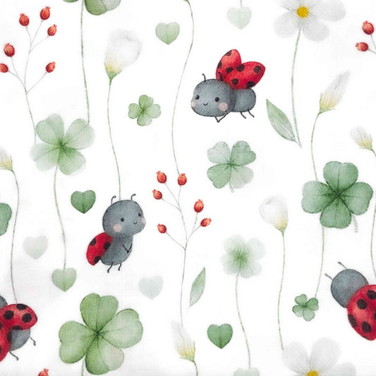 Mussola fantasia bamboo con coccinelle, fiori e quadrifogli, mussole per bambina, mussole neonato in bamboo