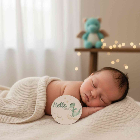 Neonato avvolto in coperta draghi con card 'Hello World' del set regalo neonato draghi con mussola e complimese | Baby Island.