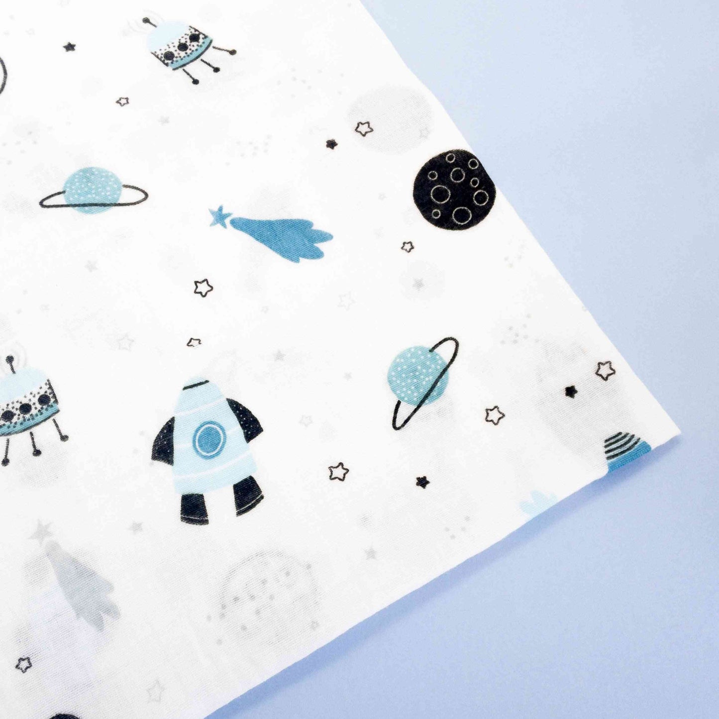 mussola a tema spaziale blu bianco e nero per neonati uso quotidiano cotone 100%