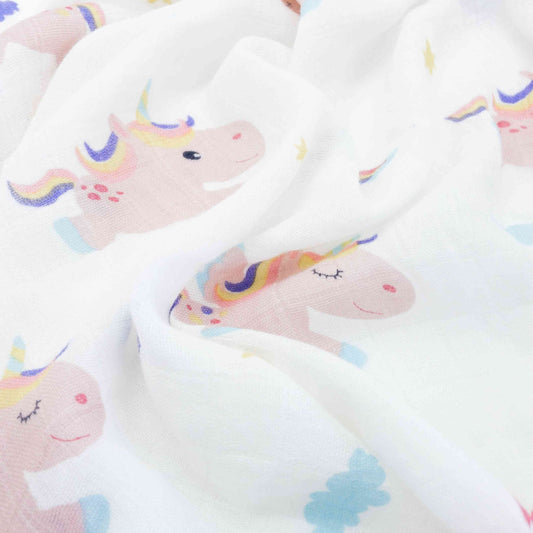 mussola per neonata ideale per fasciatura con unicorni rosa e colori arcobaleno XL grandi dimensioni cotone e bambù