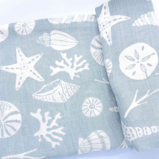 mussola tema oceano azzurro e bianco con conchiglie, salvietta traspirante per neonati, coperta allattamento, fasciatoio, passeggino