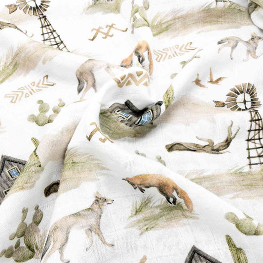 2 mussole neonato cotone e bambù formato XL 120x120 OEKO-TEX® con stampa foresta, animali e mulini, ideali per fasciatura e cambio fuori casa.