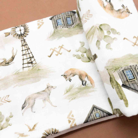 Mussola morbida in cotone e bambù con tema foresta: disegni di volpi, animali e mulino – certificazione OEKO-TEX, antibatterica, perfetta per neonati