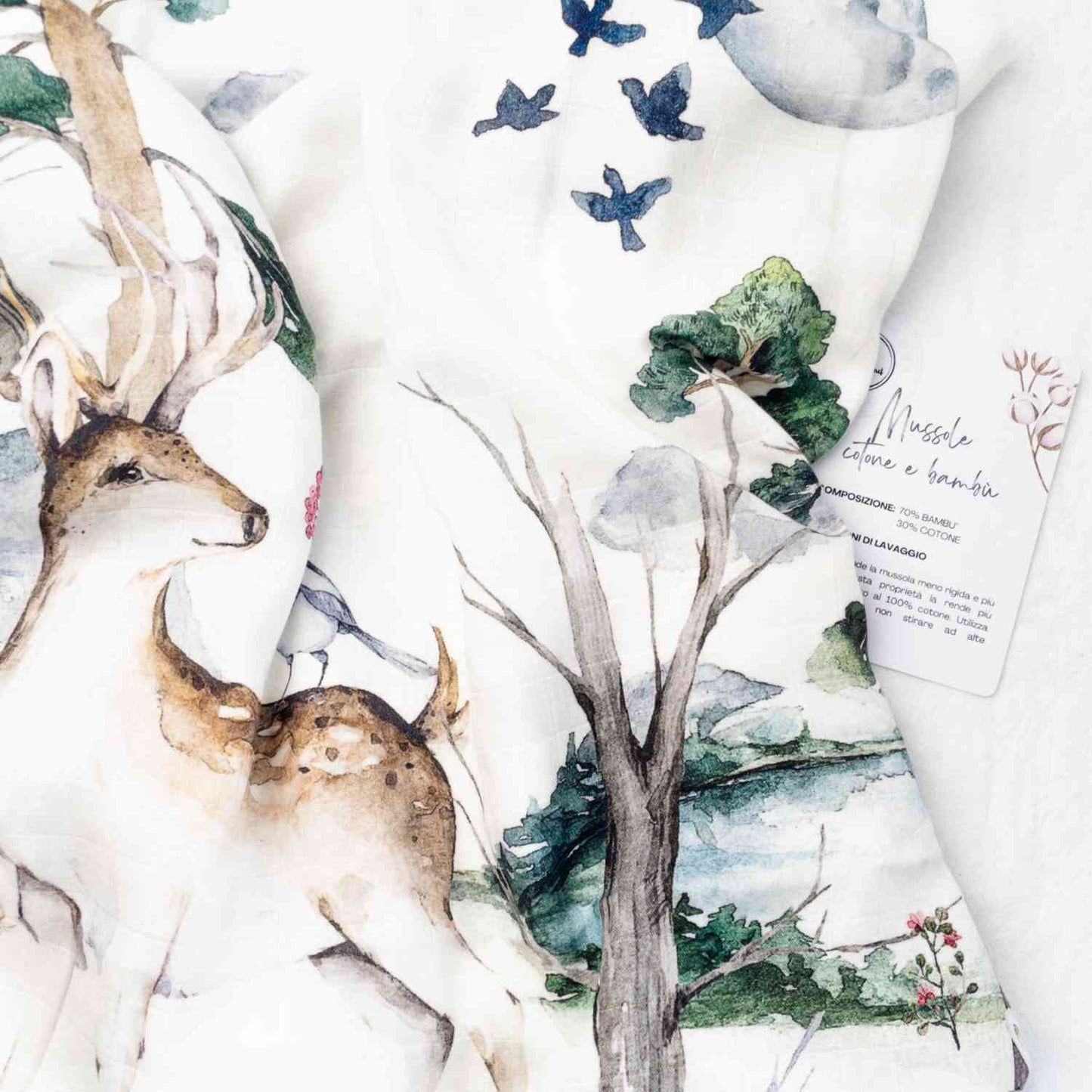Mussola neonato XL 120×115 cm in cotone e bambù – vista frontale con fantasia animali del bosco