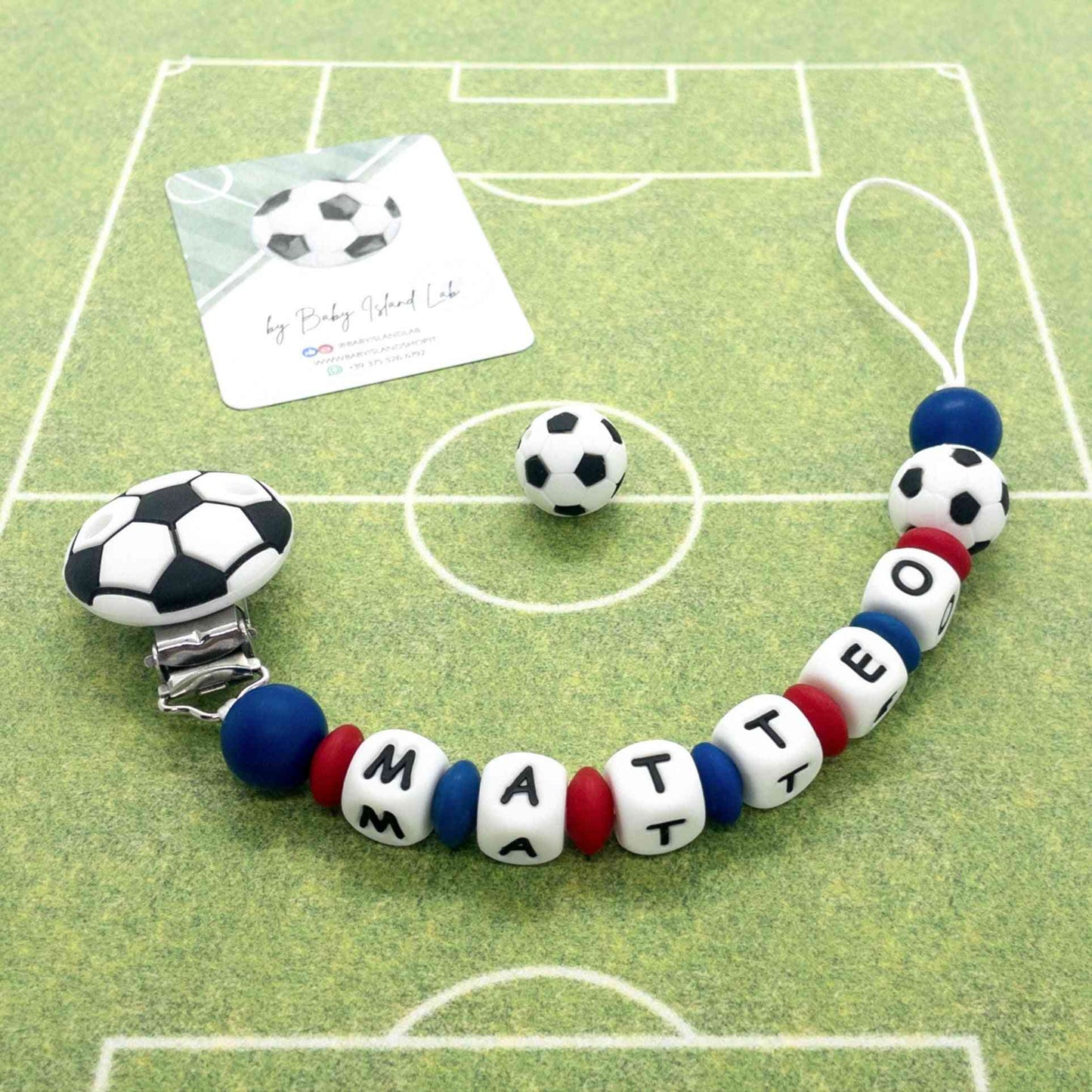catenina porta ciuccio calcio pallone da calcio tifoso in silicone alimentare blu e rosso colori cagliari calcio