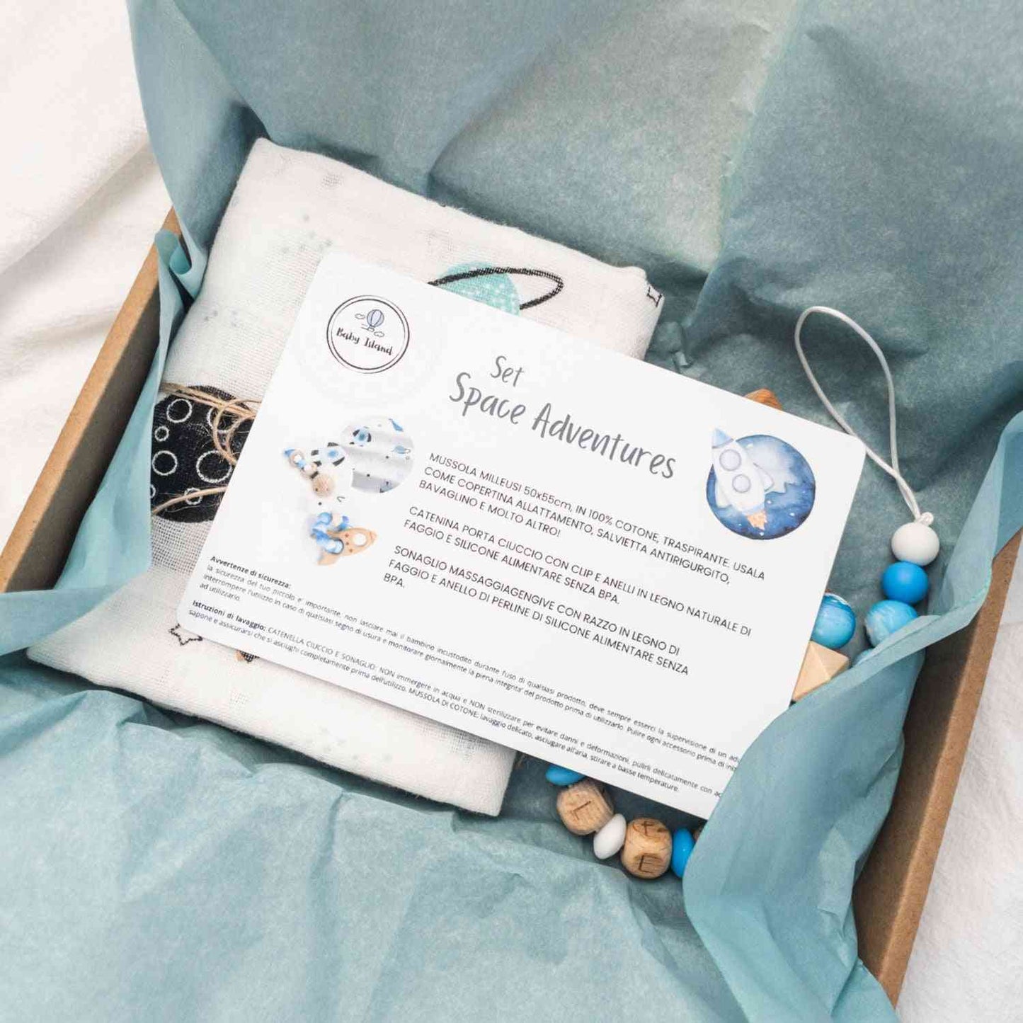 Regalo per neonato maschio, regalo neonato spazio, razzo, pianeti, astronauta con accessori per la cura del neonato blu e azzurro