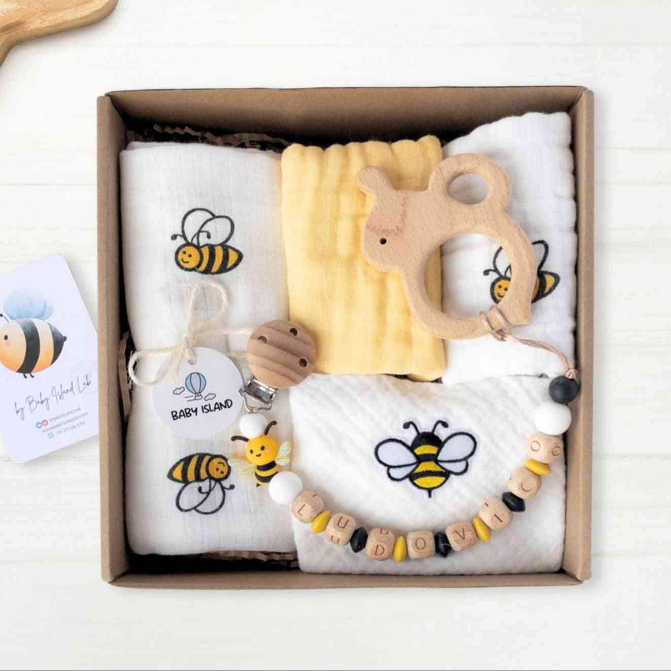 regalo baby shower genere neutro api con accessori per neonato a tema ape, massaggiagengive, catenina ciuccio e mussole cotone