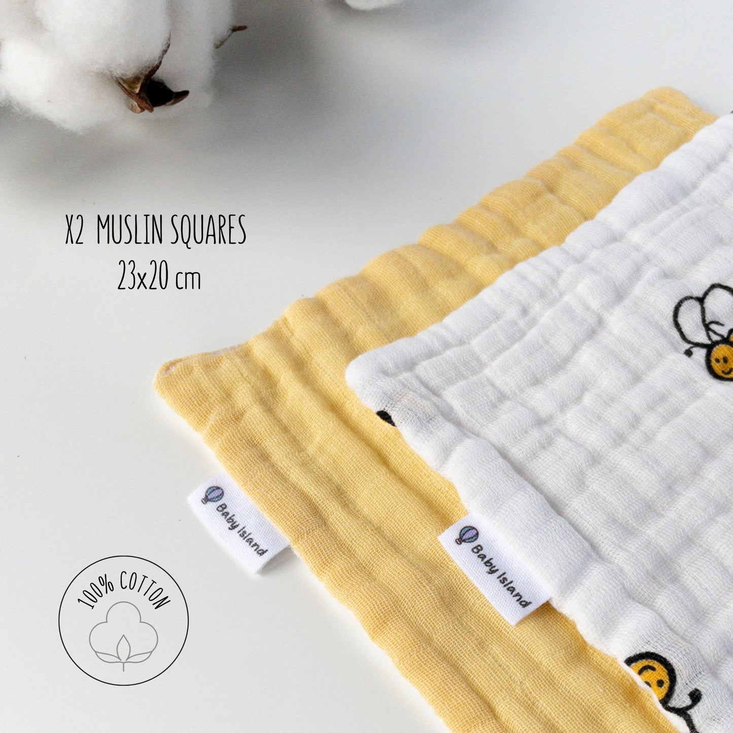 Idea regalo neonato tema api: mussole cotone 100% ideali per cambio e piccole necessità parte del set nascita genere neutro a tema api XXL
