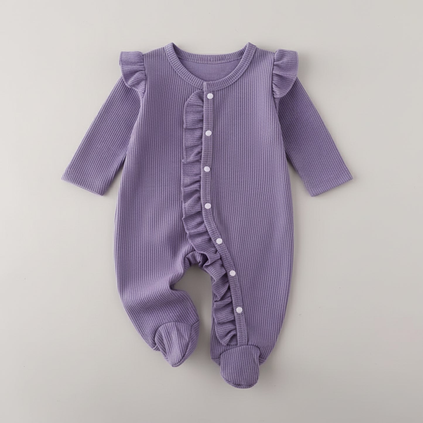 Pagliaccetto neonata viola con voulant tagli 1-3 mesi