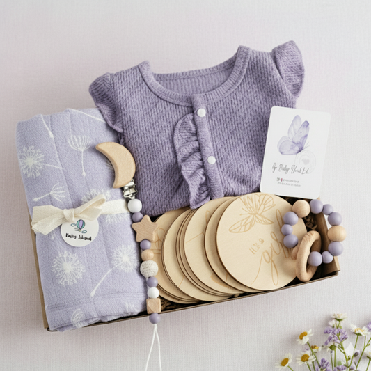 Set regalo neonata viola, fiori e colora lilla con carte traguardi mensili e accessori neonata