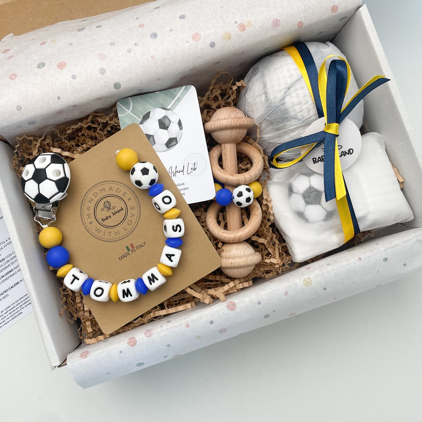 Regalo neonato calcio, regalo neonato giallo blu, idea regalo a tema pallone calcio, regalo papà tifoso di calcio