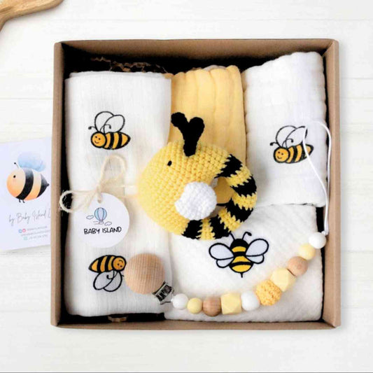 set regalo ape neonato a tema api con sonaglio, catenella ciuccio e mussole 100% cotone, idea regalo per gravidanza e baby shower