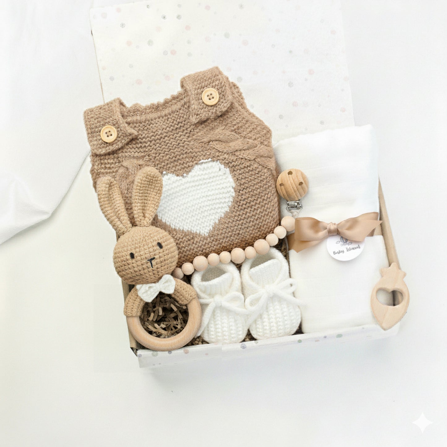 regalo neonato coniglietto unisex beige e bianco, con 6 elementi multiuso