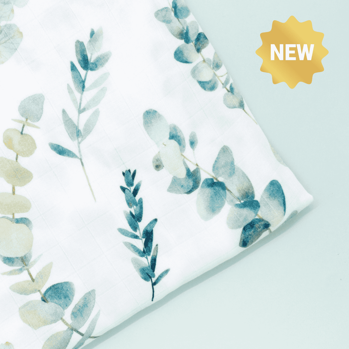 Mussola neonato unisex Eucalipto in cotone e bambù Baby Island, fantasia foglie verde acqua, traspirante e certificata OEKO-TEX®.