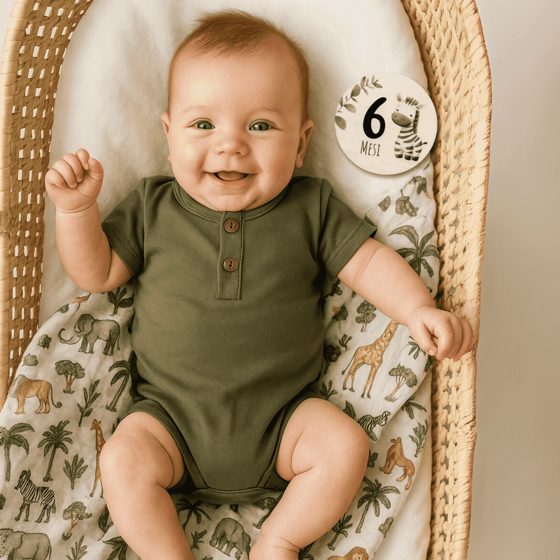 Neonato sorridente in culla con body verde e card Safari '6 mesi' per foto traguardi mensili, idea regalo unisex Baby Island.