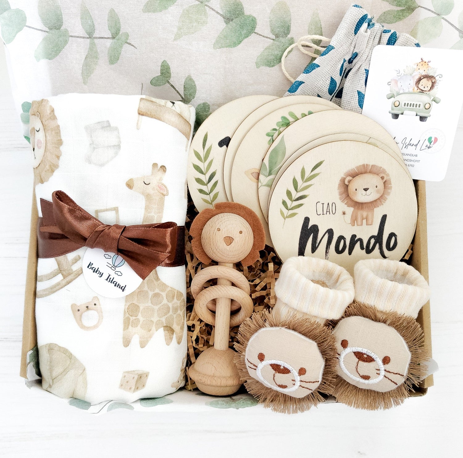 Regalo neonato maschio originale a tema leone, multiuso con vari accessori utili