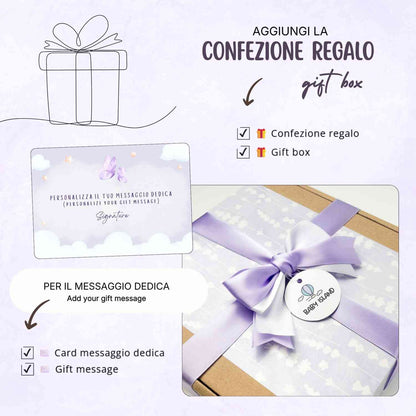 Set regalo neonato con tessuto in bambù e cotone lilla decorato con fiocchi di neve, dimensioni 120x110 cm, certificato di qualità.