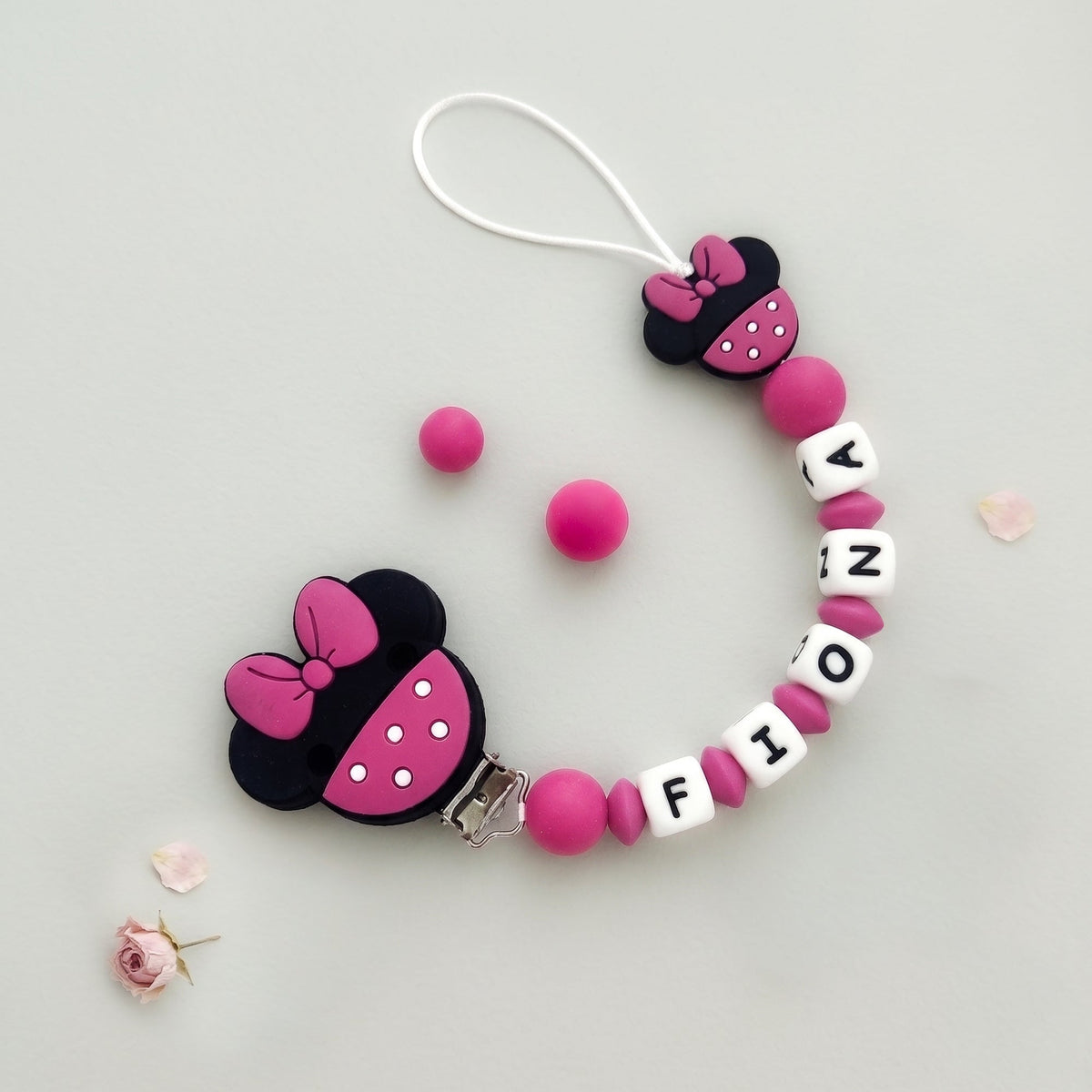 Portaciuccio personalizzato con nome catenella silicone handmade accessori neonati design Minnie