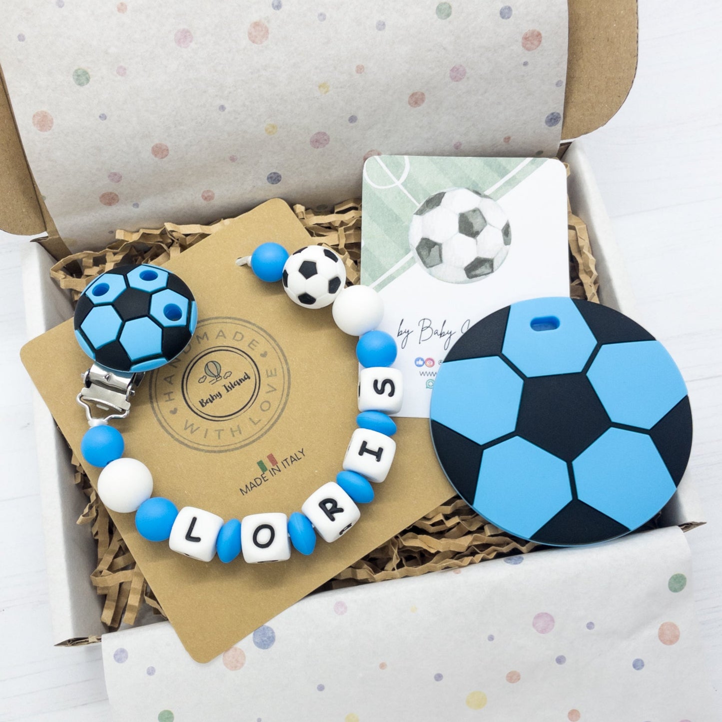 Ciuccio Napoli, Catenella portaciuccio calcio napoli bianco azzurra personalizzata con nome in silicone idea regalo a tema calcio 