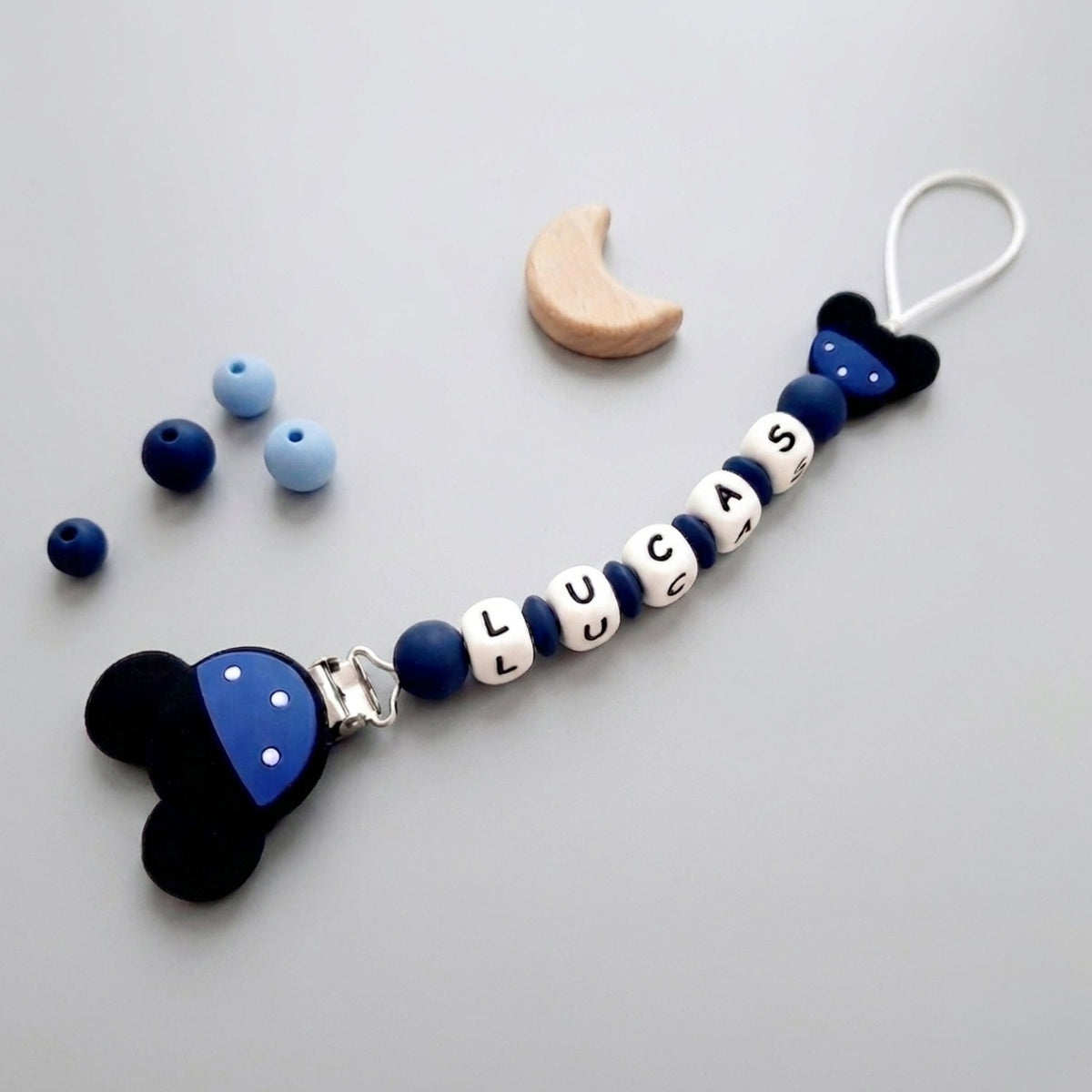 Portaciuccio silicone personalizzato con nome catenella colorata per bimbo e bimba stile Minnie