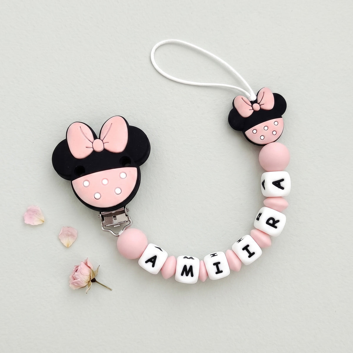 Clip portaciuccio personalizzato con nome catenella silicone sicura per bambini design Minnie